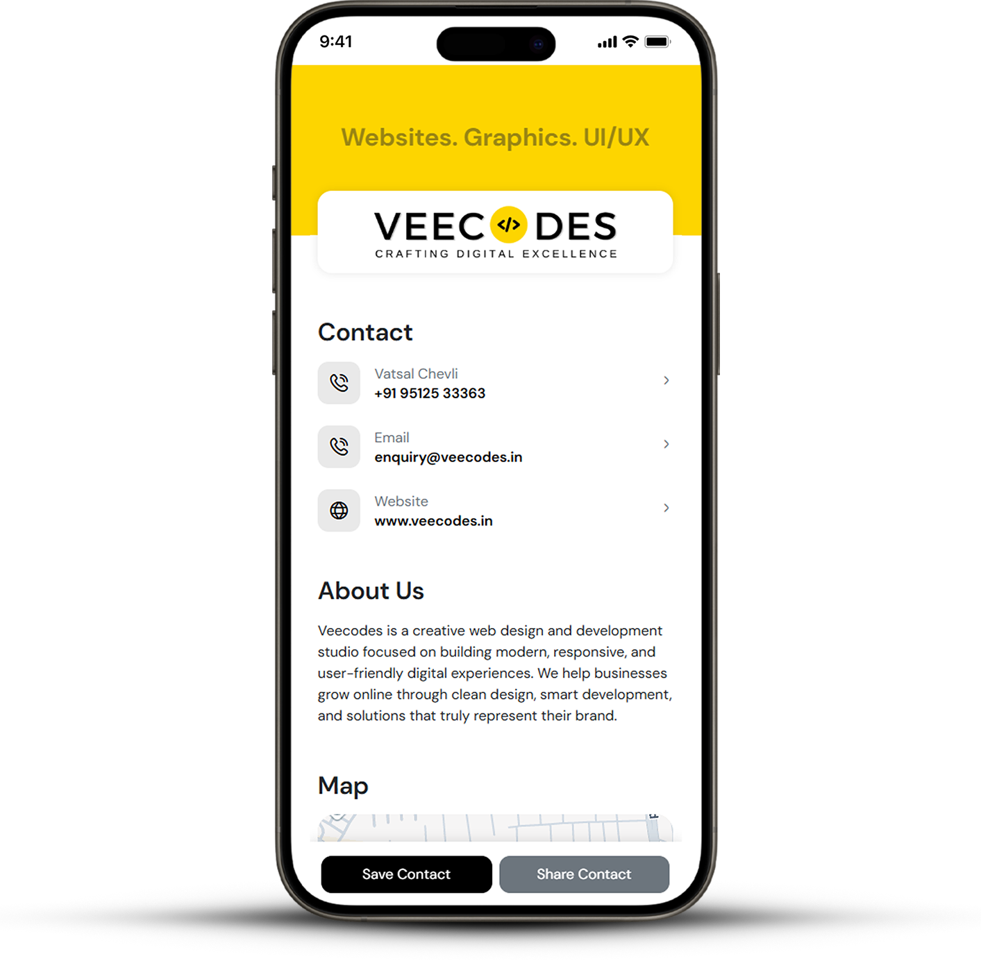 VeeCards digital business card displayed on mobile phone